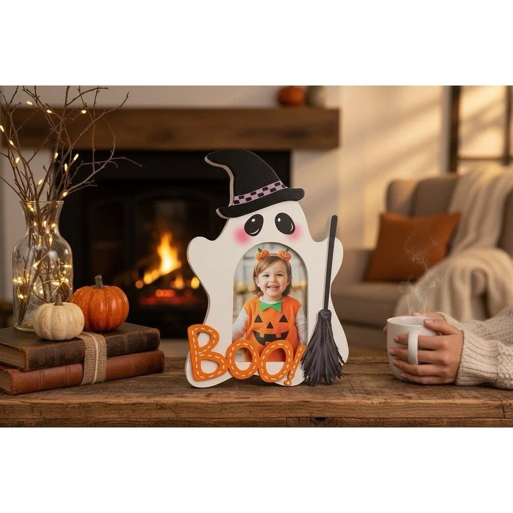 “Boo!” Ghost In Witch Costume Wooden Picture Frame With Appliqués 4x 6 Picture